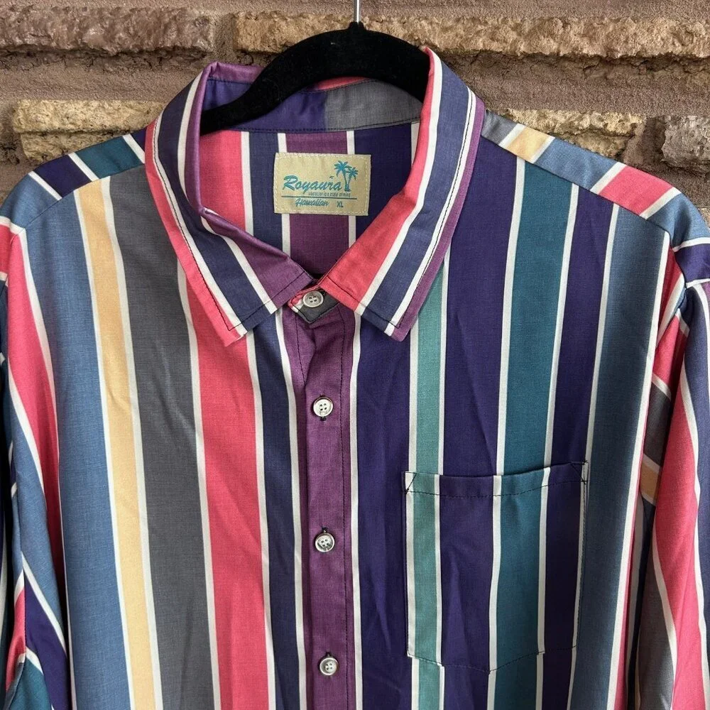 Royaura Men's Shirt Colorful Wide Stripe Easy Care Long Sleeve Size XL